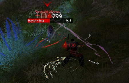The attack overlay naming each enemy's current cast, with the player compass