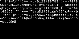The embedded bitmap font atlas, expanded at runtime into a 256x128 RGBA texture