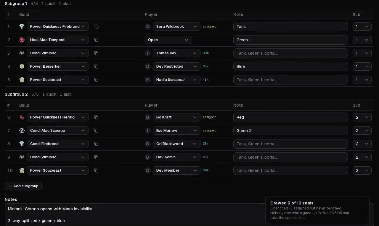 A squad after Autofill: each crewed position marked with the bench it rests on or with "assigned", and a summary reading "Crewed 9 of 10 seats, 6 benched, 3 assigned but never benched"