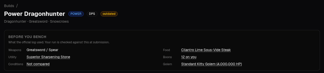 The "before you bench" card on a build page, listing the official log's weapons, food, utility, boon count and golem