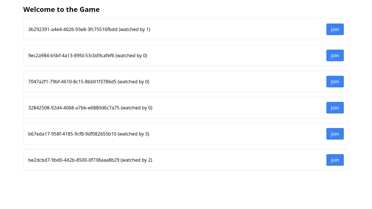 The start page lists every lobby and how many people are watching it; anyone can jump in to spectate.