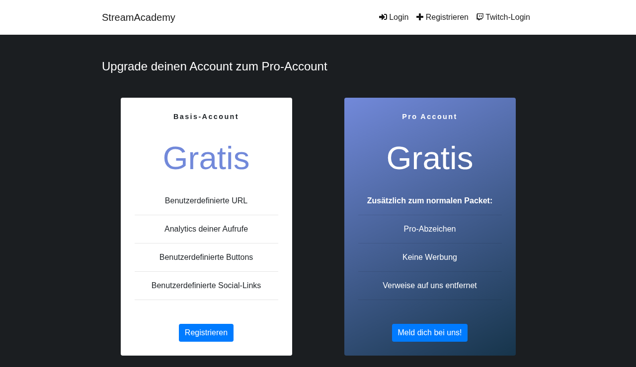 Both tiers priced Gratis, and a Pro button that just asks you to message us.
