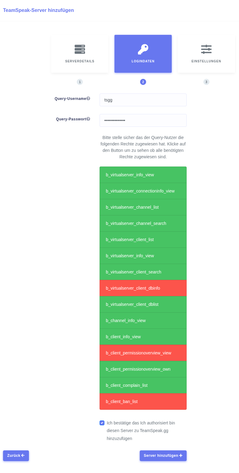 Step two of the signup wizard, with the permission check returned